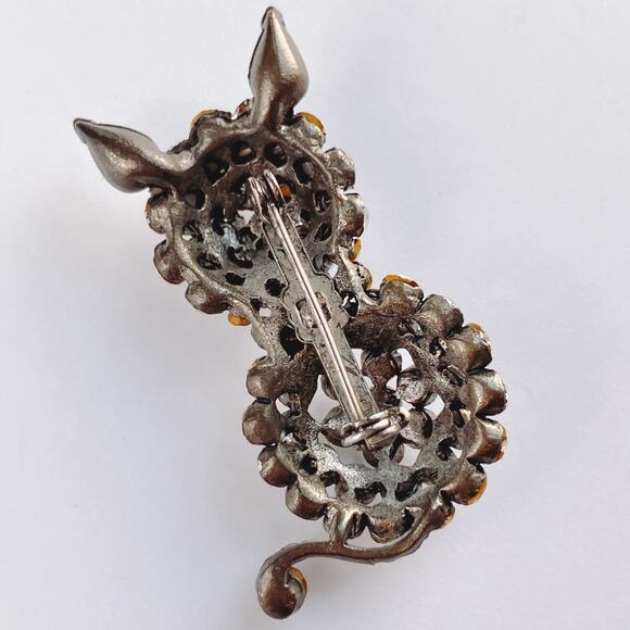 VTG Mid Century Figural Rhinestone Cat Brooch Clear Red Black Glass Stones Pin - Picture 9 of 11